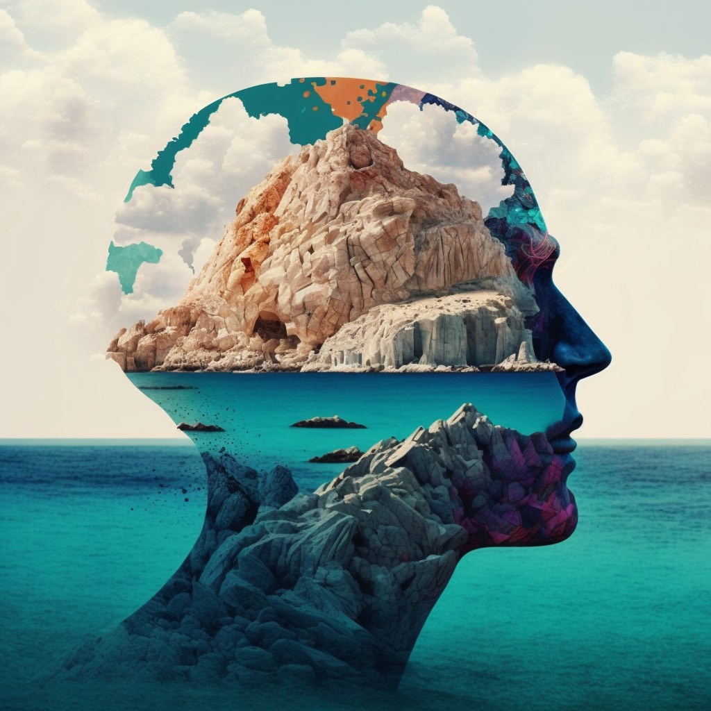 Markenillustration von iabiza: ein menschliches Profil mit Es Vedrà und dem Meer von Ibiza.